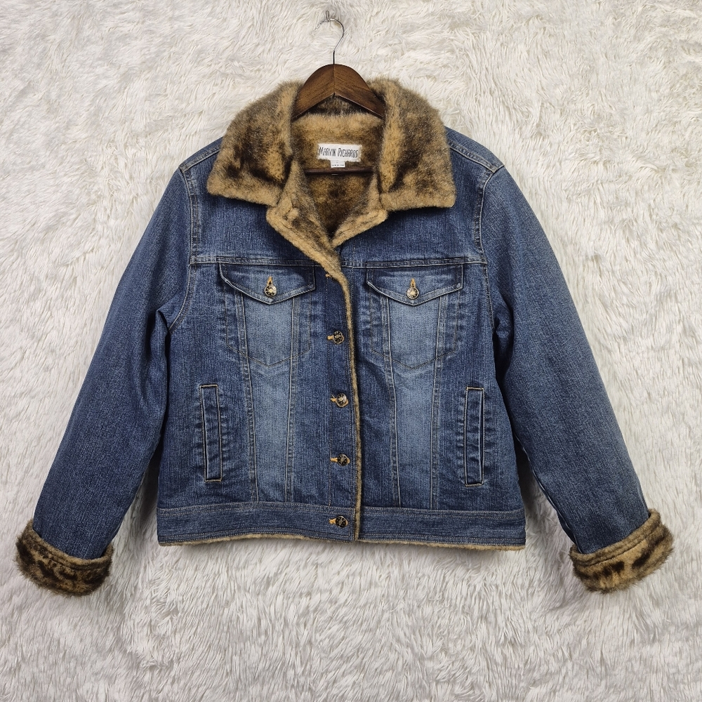 Vtg Marvin Richards Coat Womens Large Denim Jean Jacket Faux‎ Fur Lined & Trim
